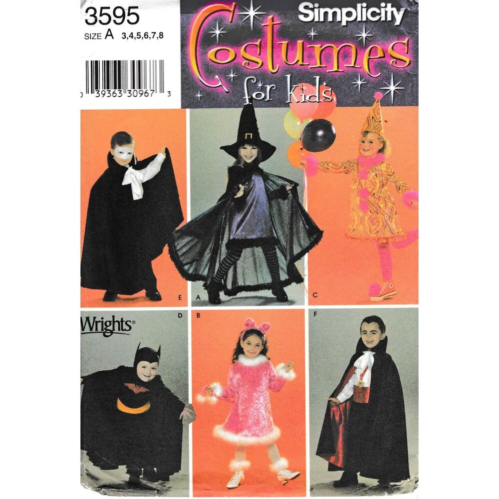 UNCUT Sewing PATTERN Simplicity 3595, Childs Halloween Costumes, 2007 Witch Clow